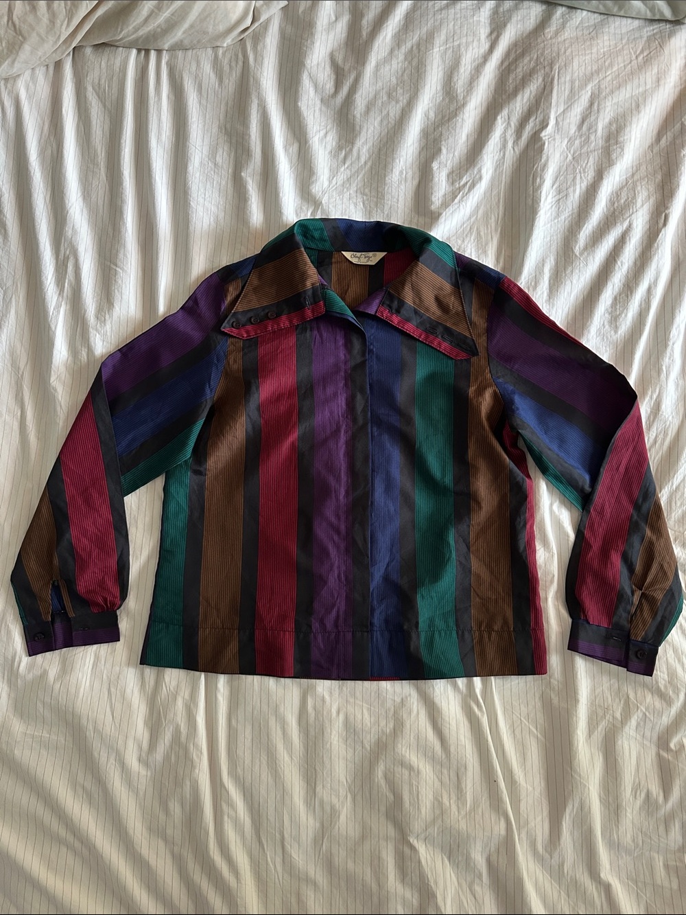 Vintage 80s Cheryl Tiegs Jewel Tone Striped Blouse Dagger Collar Bell Sleeve